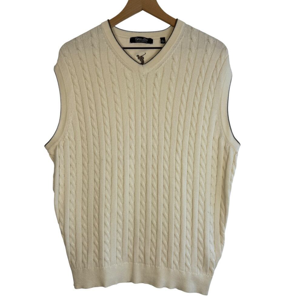 CYPRESS LINKS Mens Cable Knit Vest 100% Cotton Cream Large Golf Resort Vacation
